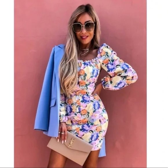 Sweet Floral Print Square Neck Suspender Slim-fit Mini Dress